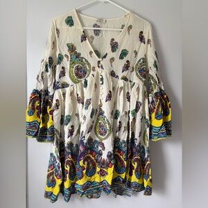 Umgee Large White Dress Bell Sleeve VNeck Knee Length Boho Festival Flowy Hippie